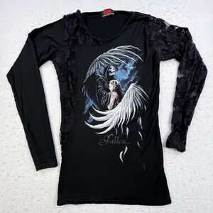 Spiral Direct Shirt Womens Small Black Lace Sleeve Angel of Death Gothic
